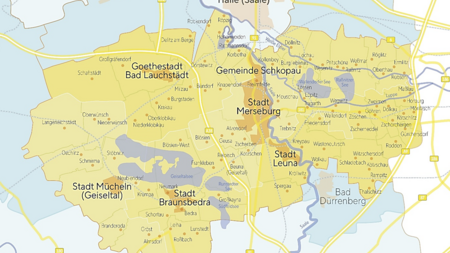 Kartenausschnitt mit den Mitgliedsgemeinden der Lokalen Aktionsgruppe Saale-Elster-Geiseltalsee im LEADER-Netzwerk. Die Karte zeigt die Lage im südlichen Sachsen-Anhalt, rund um die Flüsse Saale und Weiße Elster sowie den Geiseltalsee. Alle beteiligten Gemeinden sind deutlich abgegrenzt und farblich hervorgehoben.