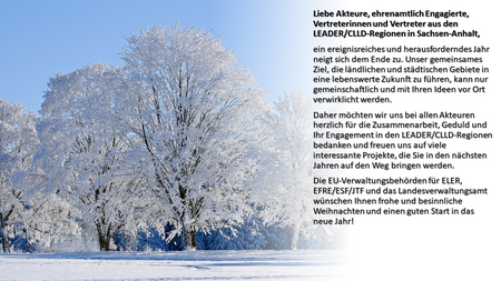 Liebe Akteure, ehrenamtlich Engagierte, Vertreterinnen und Vertreter aus den LEADER/CLLD-Regionen in Sachsen-Anhalt, ein ereignisreiches und herausforderndes Jahr neigt sich dem Ende zu. Unser gemeinsames Ziel, die ländlichen und städtischen Gebiete in eine lebenswerte Zukunft zu führen, kann nur gemeinschaftlich und mit Ihren Ideen vor Ort verwirklicht werden. Daher möchten wir uns bei allen Akteuren herzlich für die Zusammenarbeit, Geduld und Ihr Engagement in den LEADER/CLLD-Regionen bedanken und freuen uns auf viele interessante Projekte, die Sie in den nächsten Jahren auf den Weg bringen werden.  Die EU-Verwaltungsbehörden für ELER, EFRE/ESF/JTF und das Landesverwaltungsamt wünschen Ihnen frohe und besinnliche Weihnachten und einen guten Start in das neue Jahr!