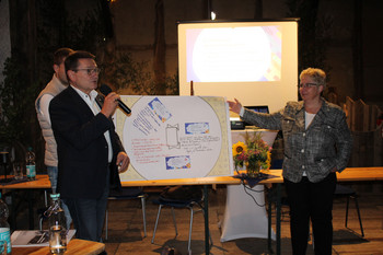 Zwei Personen halten ein Plakat und ein Mann mit Mikrofon spricht zu Publikum