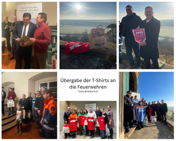Kollage von Bildern mit Personen bei Übergabe von T-Shirts